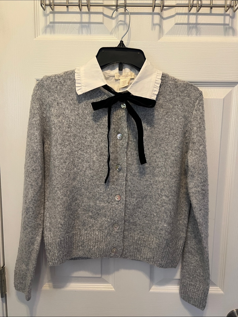 Cynthia Rowley Gray Cardigan with detachable White Collar and Black Bow